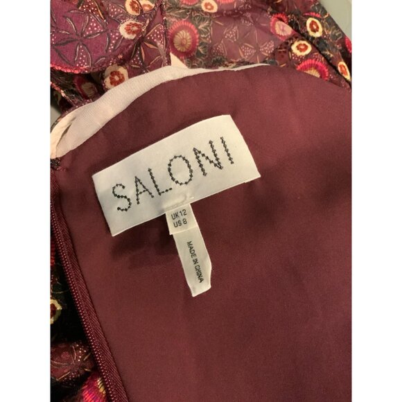 Saloni Dotty Ruffled Printed Silk Burgundy Mini Dress $650 Size 8 - Picture 7 of 7